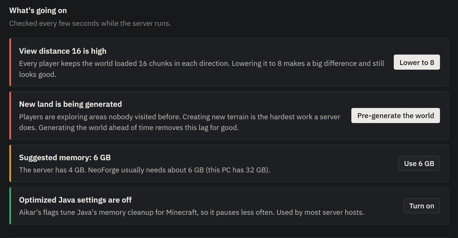 NetMC's performance page listing causes of lag with one-click fixes: lower view distance, pre-generate the world, use 6 GB, turn on optimized Java settings